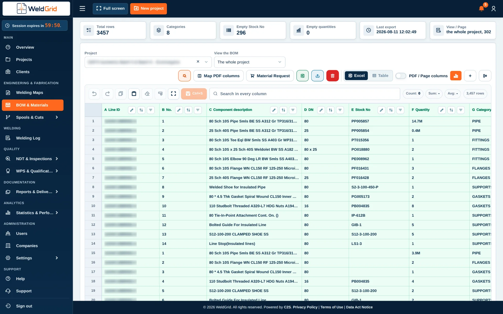 BOM in the Live Excel view of WeldGrid