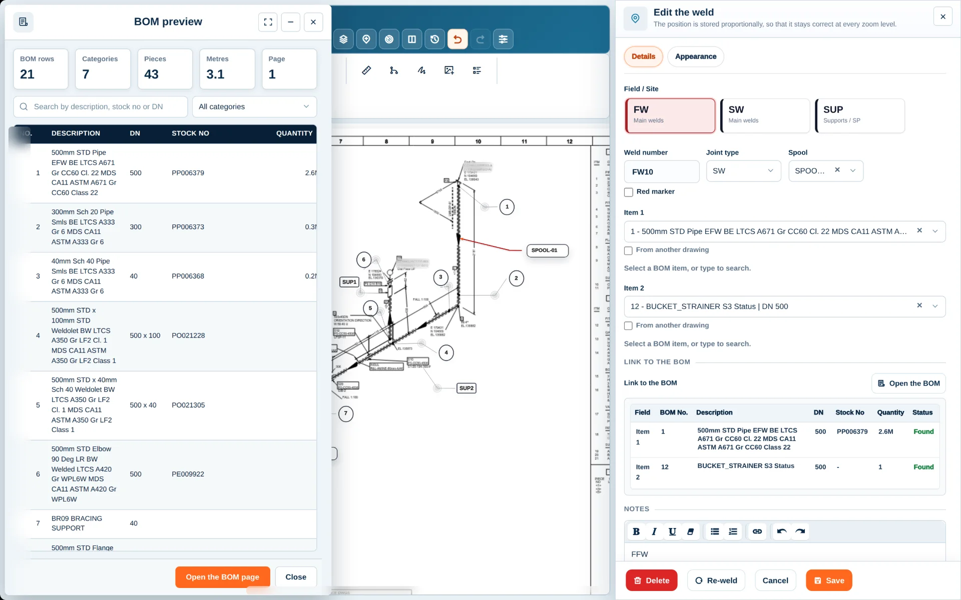BOM items shown next to the selected weld in WeldGrid