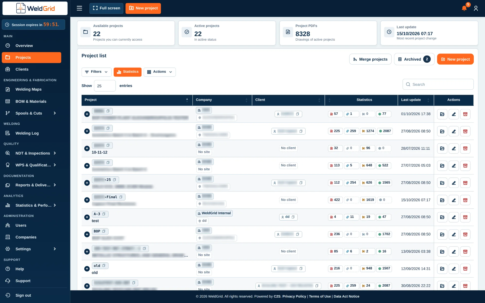 Projects and clients in WeldGrid