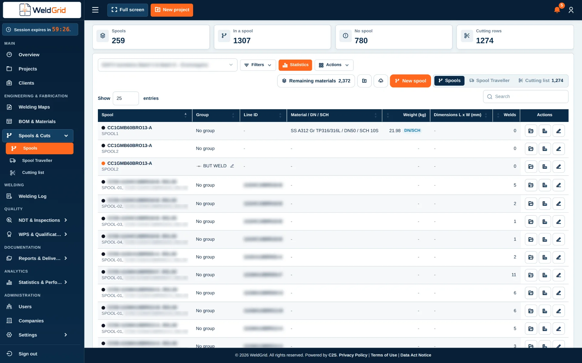 Spool register with fabrication and inspection status in WeldGrid