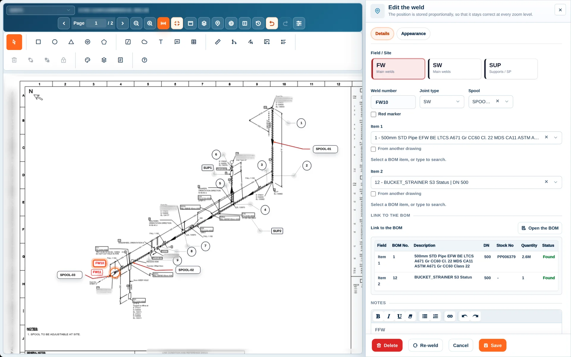 Digital welding map on an isometric drawing in WeldGrid